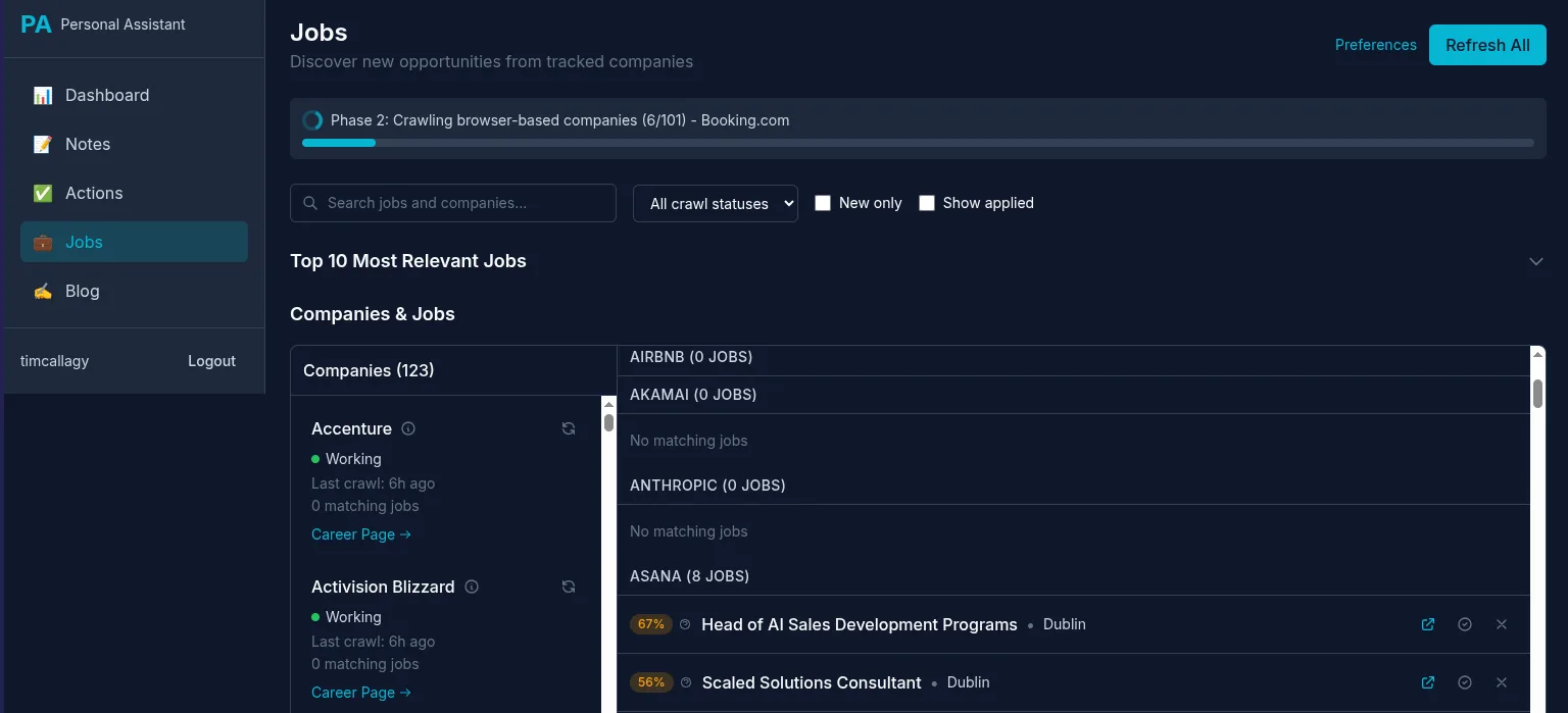 Click to expand Job tracker showing companies and their open positions
